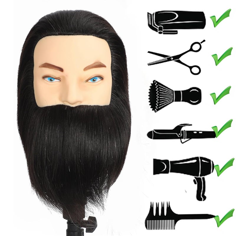 simnient Male Mannequin Head with Beard 100% Human Hair Haircut Manikin Head for Cosmetology Straight Thick Hair Doll Head with Human Hair with Stand Practice Cutting Styling - Image 4